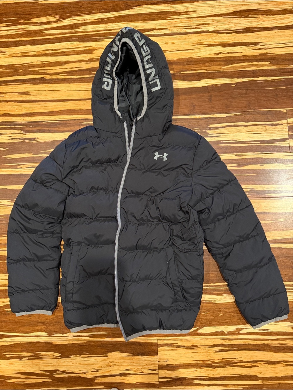 Under Armour Kids Black Hooded Puffer Jacket with Gray Trim